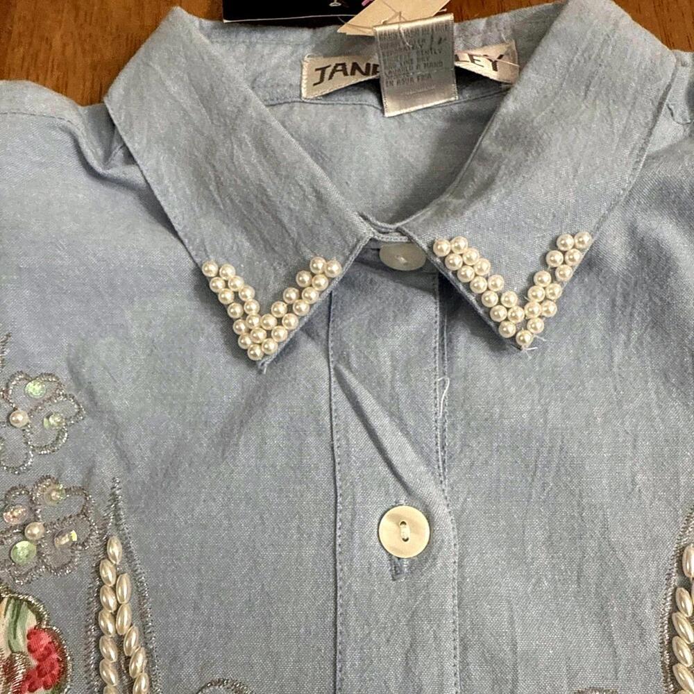 VTG Jane Ashley Chambray Shirt Womens M Denim Floral Beaded Western Cowgirl NWT - Picture 5 of 8
